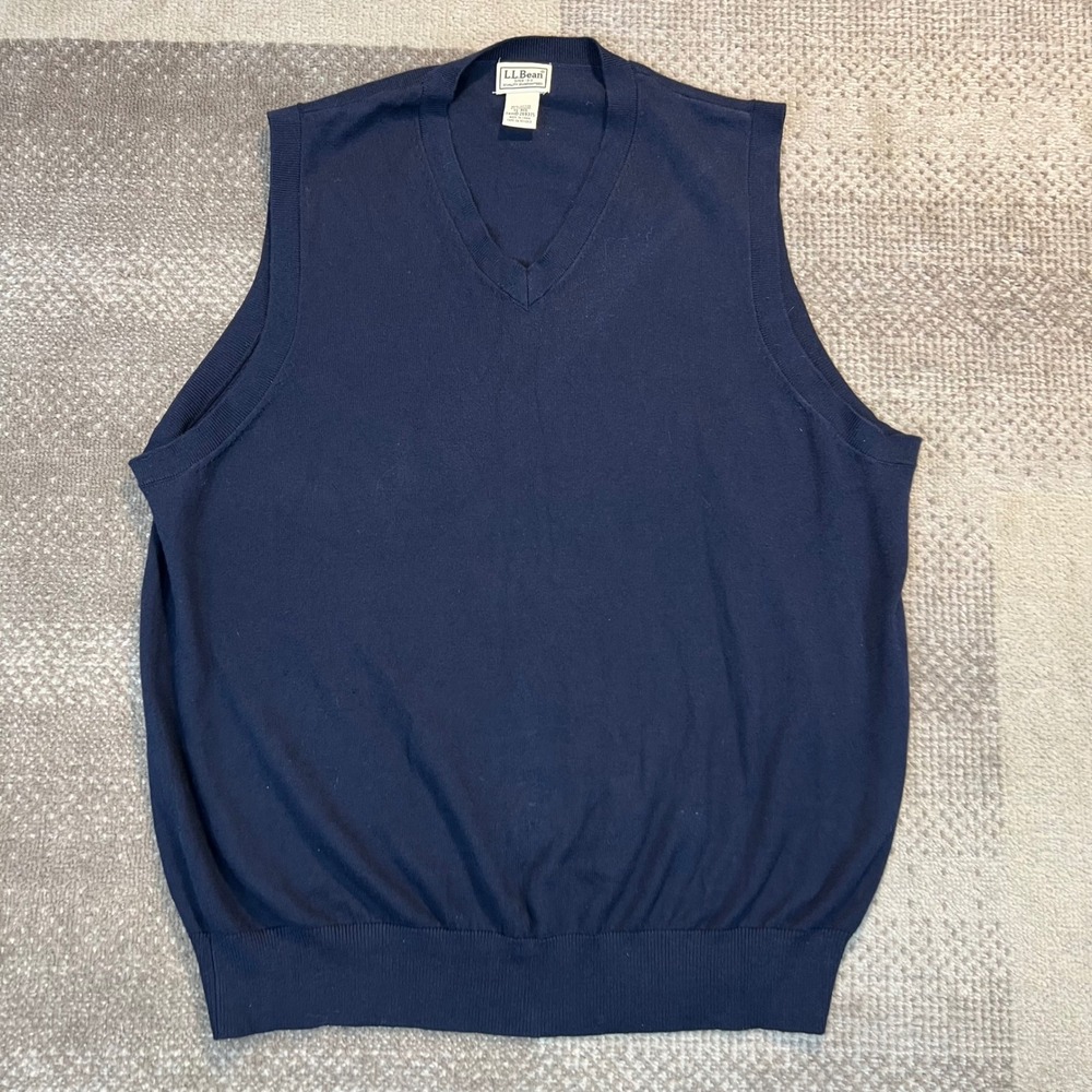 LL Bean Mens XL Navy Blue Cotton Cashmere Blend V-Neck Sweater Vest 269375‎